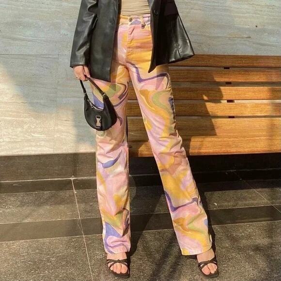 ZARA Straight Leg Abstract Swirl Print Jeans Size 2 Multicolor - Picture 5 of 11